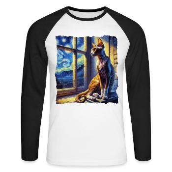 Cornish Rexkatze Starry Night - Unisex Baseballshirt langarm - Weiß/Schwarz - Vorne - Nik (191cm)