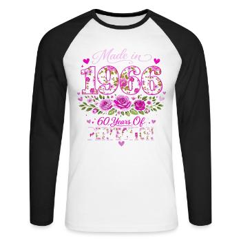 Frau's 60. Geburtstagsgeschenk – Geburtstagsblume 1966 - Unisex Baseballshirt langarm - Weiß/Schwarz - Vorne - Nik (191cm)