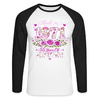 Cadeau 55 Ans Femme - Anniversaire 1971 Floral - T-shirt baseball manches longues Homme - blanc/noir - Devant - Nik (191cm)