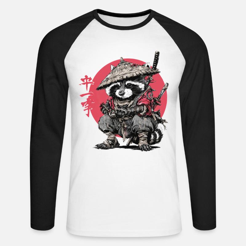Waschbär-Samurai im Roten Kreis - Unisex Baseballshirt langarm - Weiß/Schwarz
