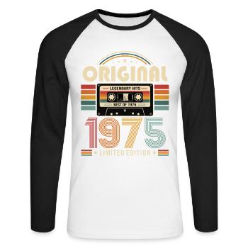 51e Anniversaire Gift Man Cassette Best of 1975 - T-shirt baseball manches longues Homme - blanc/noir - Devant - Nik (191cm)