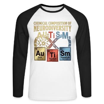 Tableau périodique de la chimie de l’autisme de la neurodiversité - T-shirt baseball manches longues Homme - blanc/noir - Devant - Nik (191cm)