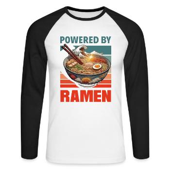 Powered By Ramen Japanische Nudel Bowl - Unisex Baseballshirt langarm - Weiß/Schwarz - Vorne - Nik (191cm)