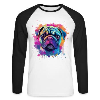 Lebendiges Mops-Splash-Porträt - Unisex Baseballshirt langarm - Weiß/Schwarz - Vorne - Nik (191cm)