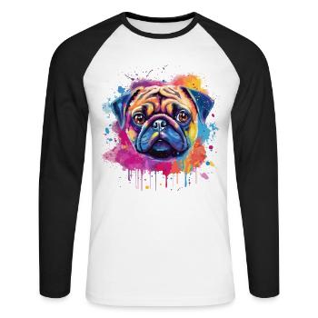 Lebendiges Mops-Splash-Porträt - Unisex Baseballshirt langarm - Weiß/Schwarz - Vorne - Nik (191cm)
