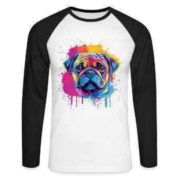 Color Splash Pug Porträt - Unisex Baseballshirt langarm - Weiß/Schwarz - Vorne - Nik (191cm)