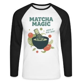 Matcha Magic Schlag es richtig gut, grüner Tee Matcha - Unisex Baseballshirt langarm - Weiß/Schwarz - Vorne - Nik (191cm)