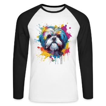 Shih Tzu Dog Éclaboussures Colorées - T-shirt baseball manches longues Homme - blanc/noir - Devant - Nik (191cm)