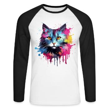 Amerikanischer Bobtail-Katzengesicht – bunte Splash-Kunst - Unisex Baseballshirt langarm - Weiß/Schwarz - Vorne - Nik (191cm)