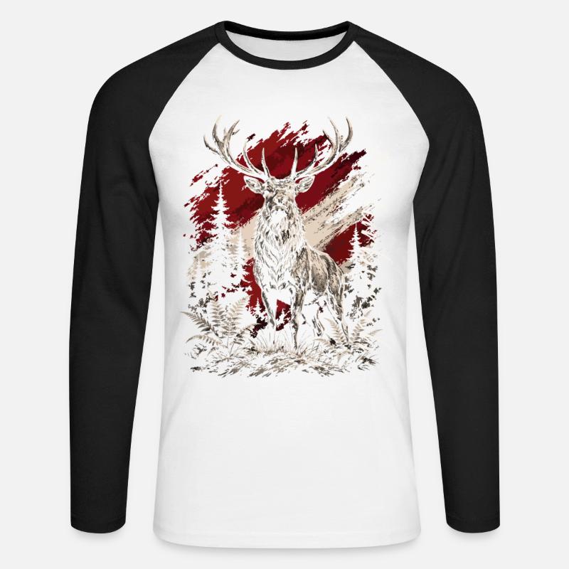 Hirsch im Wald – Rustikal Illustration - Unisex Baseballshirt langarm - Weiß/Schwarz
