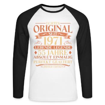 55. Geburtstag Echtes Original 1971 Vintage - Unisex Baseballshirt langarm - Weiß/Schwarz - Vorne - Nik (191cm)