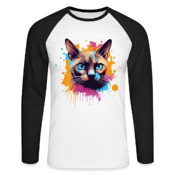 Colorful Splash Art Burmese Cat Face  - Unisex Long Sleeve Baseball T-Shirt - white/black - Front - Nik (191cm)