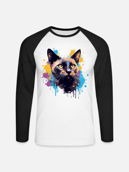 Splash Art Burmesisches Katzengesicht Farblos - Unisex Baseballshirt langarm - Weiß/Schwarz
