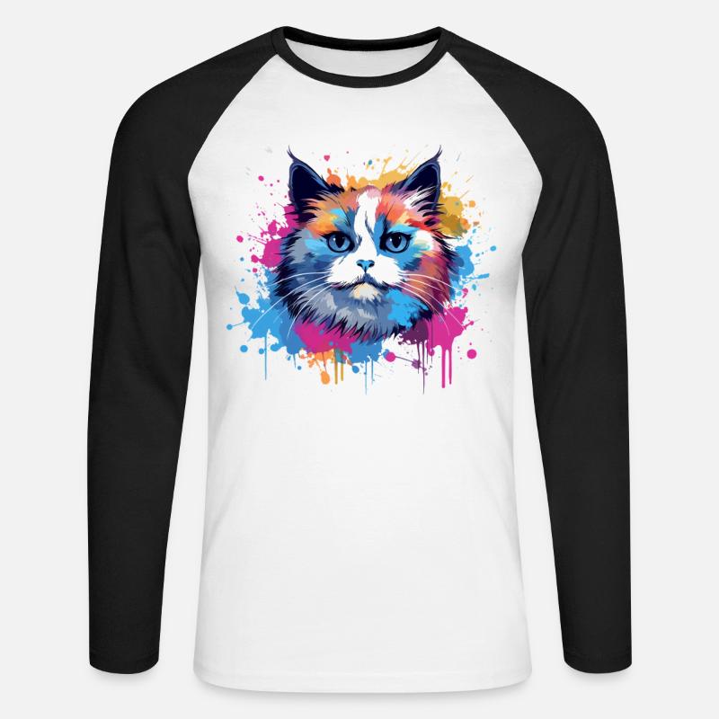 Birman-Katzengesicht Bunte Splash-Kunst - Unisex Baseballshirt langarm - Weiß/Schwarz