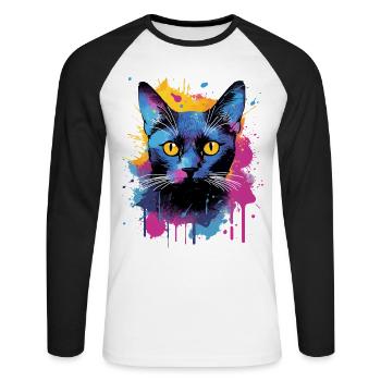 Splash Art Bombay Katzengesicht Bunt - Unisex Baseballshirt langarm - Weiß/Schwarz - Vorne - Nik (191cm)