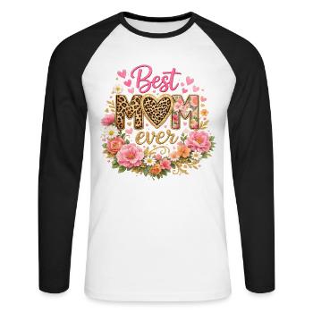 Beste Mama aller Zeiten – Leoparden-Stil und Blumenkranz - Unisex Baseballshirt langarm - Weiß/Schwarz - Vorne - Nik (191cm)