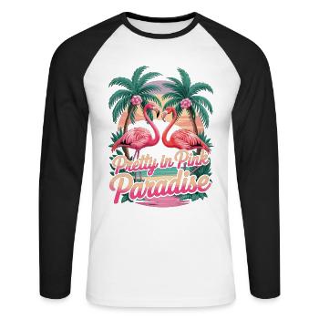 Chemise flamant rose avec palmiers – Paradis rose - T-shirt baseball manches longues Homme - blanc/noir - Devant - Nik (191cm)