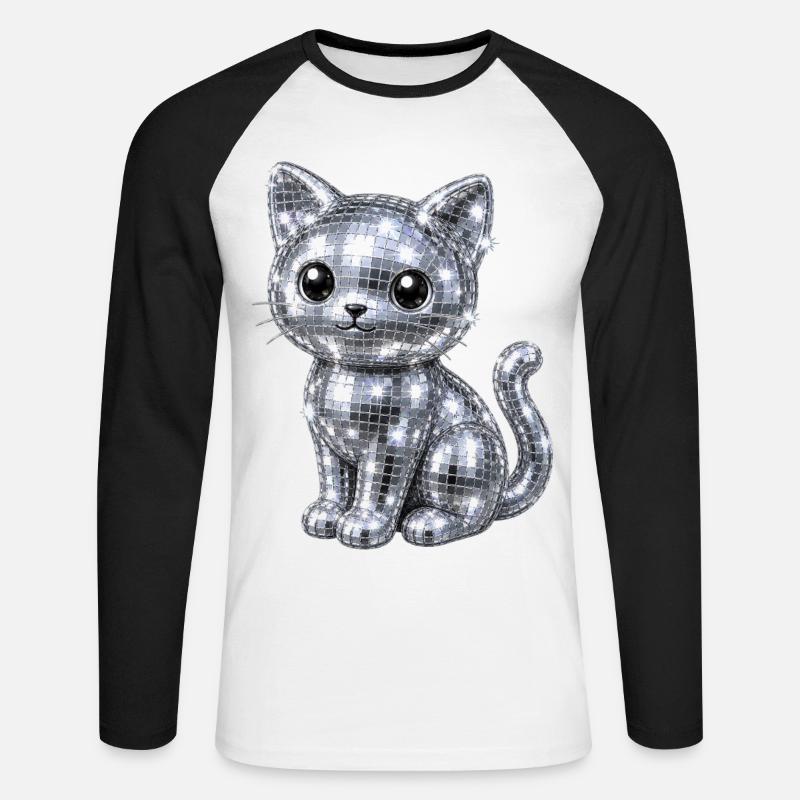 Katze Disco Glitzer - Unisex Baseballshirt langarm - Weiß/Schwarz