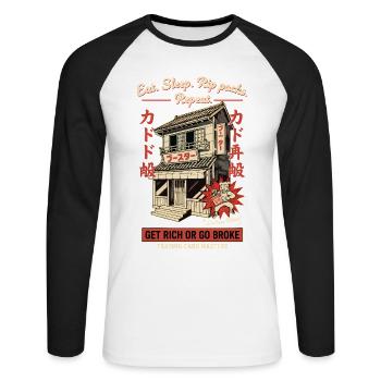 Eat Sleep Rip Packs Repeat Get Rich Or Go Broke - Unisex Long Sleeve Baseball T-Shirt - white/black - Front - Nik (191cm)