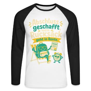 Abschluss geschafft, mein Rucksack geht in Rente. - Unisex Baseballshirt langarm - Weiß/Schwarz - Vorne - Nik (191cm)