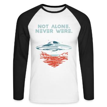 Not Alone. Never Were. UFO Alien Present Tense - Unisex Long Sleeve Baseball T-Shirt - white/black - Front - Nik (191cm)