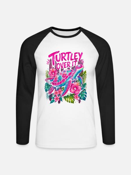 Turtley Over It Cute Turtle Flower - Unisex Long Sleeve Baseball T-Shirt - white/black
