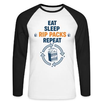 Eat Sleep Rip Packs Repeat-Sammelkarten-Booster - Unisex Baseballshirt langarm - Weiß/Schwarz - Vorne - Nik (191cm)