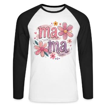 MAMA Grandes Fleurs et Nœud Rose | Style Rétro - T-shirt baseball manches longues Homme - blanc/noir - Devant - Nik (191cm)