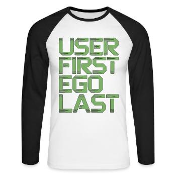 UX/UI Designer User First Ego Last Product Design - Unisex Long Sleeve Baseball T-Shirt - white/black - Front - Nik (191cm)
