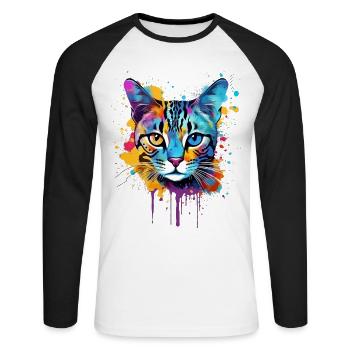 Egyptian Mau Cat Face Colorful Splash Art - Unisex Long Sleeve Baseball T-Shirt - white/black - Front - Nik (191cm)