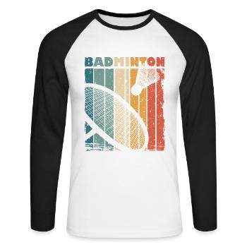 Retro Druck mit Badminton Schläger und Federball - Unisex Baseballshirt langarm - Weiß/Schwarz - Vorne - Nik (191cm)
