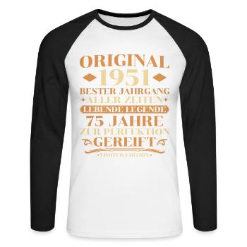 Original 1951 Bester Jahrgang 75. Geburtstag - Unisex Baseballshirt langarm - Weiß/Schwarz - Vorne - Nik (191cm)