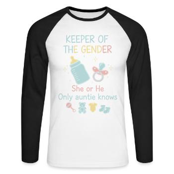 Gender Reveal Keeper Of The Gender She Or He - Unisex Long Sleeve Baseball T-Shirt - white/black - Front - Nik (191cm)