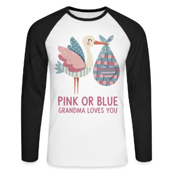 Geschlechterenthüllung: Pink oder Blau: Oma liebt dich, Baby. - Unisex Baseballshirt langarm - Weiß/Schwarz - Vorne - Nik (191cm)