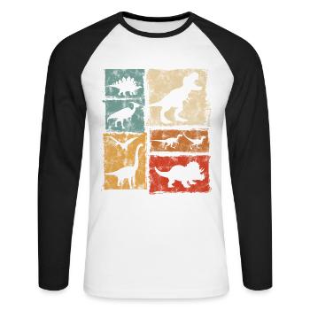 Graphisme de types de dinosaures rétro - Dinos mignons - T-shirt baseball manches longues Homme - blanc/noir - Devant - Nik (191cm)