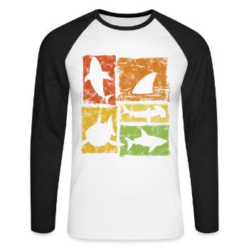 Graphisme de silhouettes vintage de requin - T-shirt baseball manches longues Homme - blanc/noir - Devant - Nik (191cm)