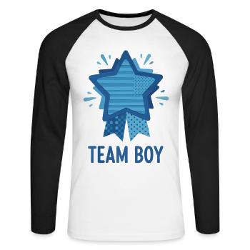 Geschlechterenthüllung Team Jungen Babyparty Baby - Unisex Baseballshirt langarm - Weiß/Schwarz - Vorne - Nik (191cm)