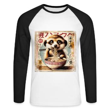 Erdmännchen Ramen Vintage Poster Style - Unisex Baseballshirt langarm - Weiß/Schwarz - Vorne - Nik (191cm)