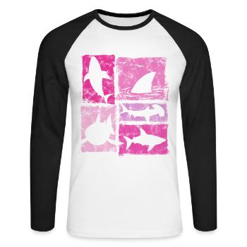 Haie Retro Silhouetten Grafik - Unisex Baseballshirt langarm - Weiß/Schwarz - Vorne - Nik (191cm)