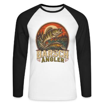 Barschangler Angelmotiv Shirt - Unisex Baseballshirt langarm - Weiß/Schwarz - Vorne - Nik (191cm)
