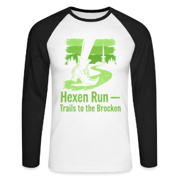 Hexen Run -Trails to the Brocken - Harz Design - Unisex Baseballshirt langarm - Weiß/Schwarz - Vorne - Nik (191cm)