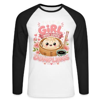 Nur ein Mädchen, das Dumplings liebt | Vintage Kawaii - Unisex Baseballshirt langarm - Weiß/Schwarz - Vorne - Nik (191cm)