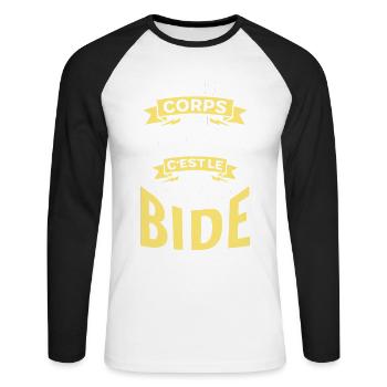 Corps d'un Dieu fois plus de bide - humour ventre - T-shirt baseball manches longues Homme - blanc/noir - Devant - Nik (191cm)