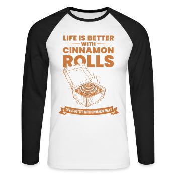 Das Frühstücksleben ist mit Zimtschnecken besser - Unisex Baseballshirt langarm - Weiß/Schwarz - Vorne - Nik (191cm)