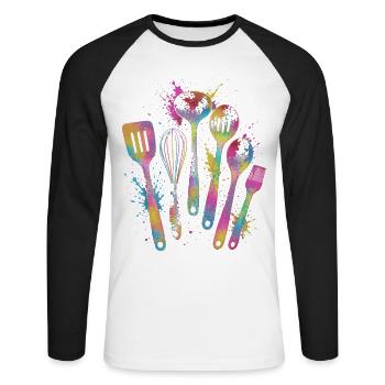 Multicolored Kitchen Utensils Splash Art - Unisex Long Sleeve Baseball T-Shirt - white/black - Front - Nik (191cm)