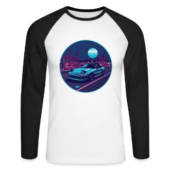 Harbor Run — Teal Roadster at the Neon Port - Unisex Long Sleeve Baseball T-Shirt - white/black - Front - Nik (191cm)
