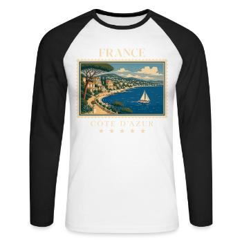 Frankreich Côte d’Azur Vintage Reisemarke - Unisex Baseballshirt langarm - Weiß/Schwarz - Vorne - Nik (191cm)