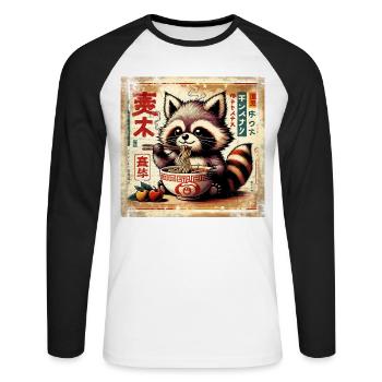 Waschbär Ramen Vintage Poster Style - Unisex Baseballshirt langarm - Weiß/Schwarz - Vorne - Nik (191cm)
