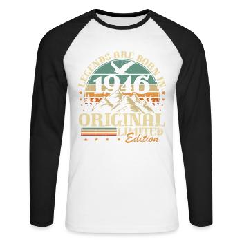 Legends 1946 Vintage 80th Birthday Gift - Unisex Long Sleeve Baseball T-Shirt - white/black - Front - Nik (191cm)