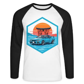 Retro 90er JDM R34 Torii Gate Japan Hex-Emblem - Unisex Baseballshirt langarm - Weiß/Schwarz - Vorne - Nik (191cm)